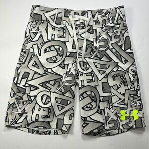 Under Armour‎ Boys' Swim Trunks Size 25 Gray White Graphic Loose Fit AOP